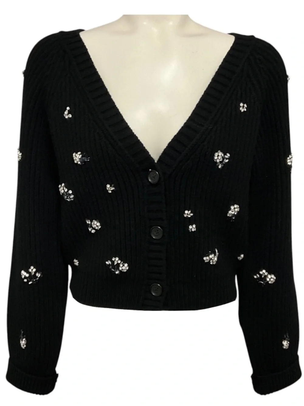 SIMKHAI BLACK CRYSTAL EMBELLISHED WOOL AND CASHMERE KNIT CARDIGAN SWEATER